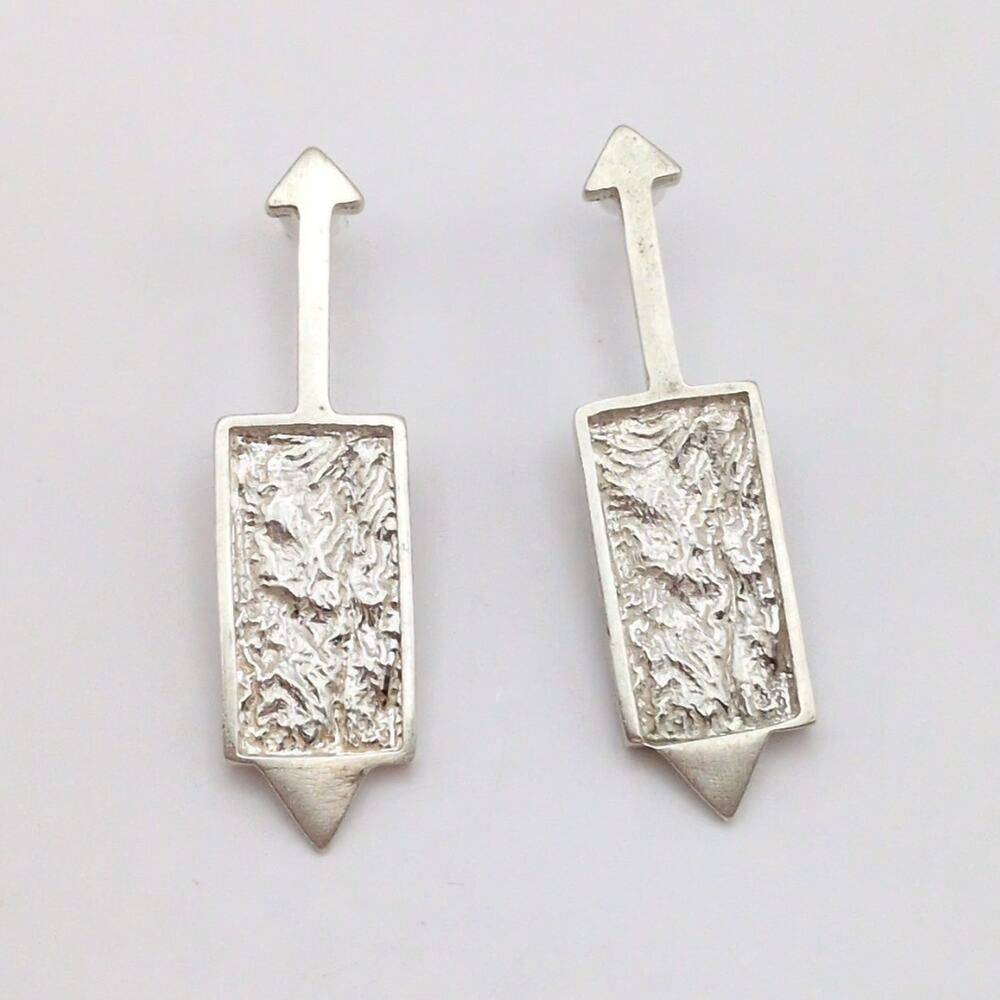 Vtg Sterling Silver Modernist Textured Artisan Arrow Drop Earrings 1.7in 7.67g